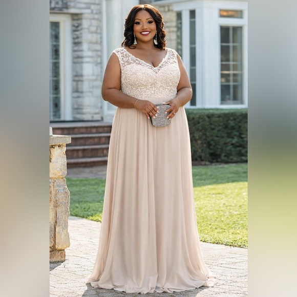 Morilee By Madeline Gardner Evening Gown Formal Lace Chiffon Beige Dress 20 - Picture 5 of 11